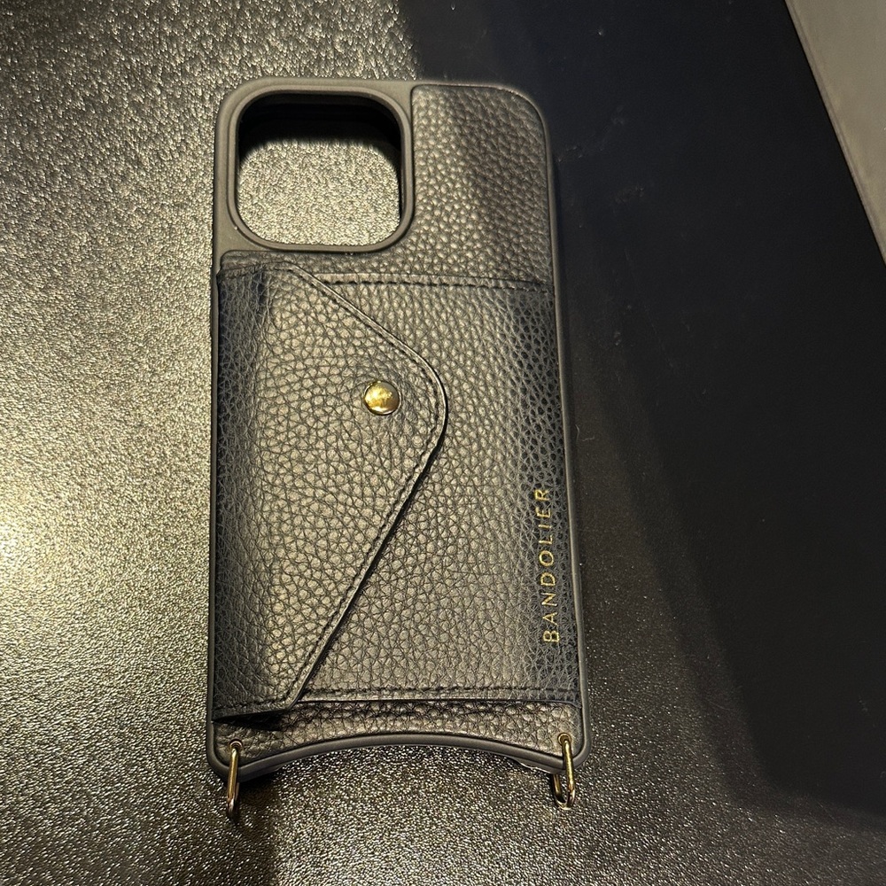 Bandolier Black Leather 14 and 15 pro max Phone Case with Gold Accent